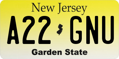 NJ license plate A22GNU