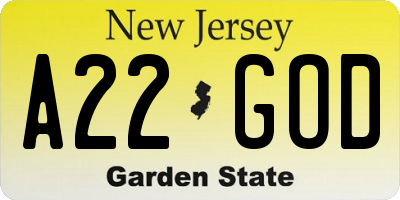 NJ license plate A22GOD