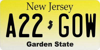NJ license plate A22GOW