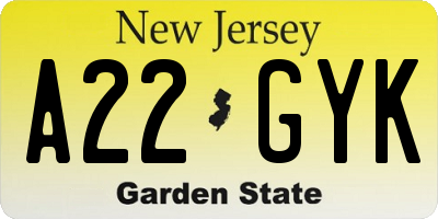 NJ license plate A22GYK