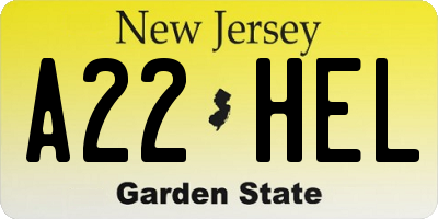 NJ license plate A22HEL