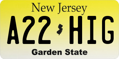 NJ license plate A22HIG