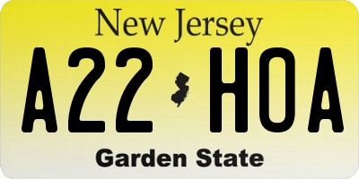 NJ license plate A22HOA