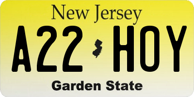 NJ license plate A22HOY