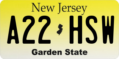 NJ license plate A22HSW