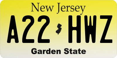 NJ license plate A22HWZ