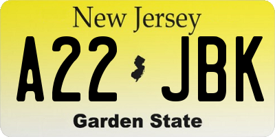 NJ license plate A22JBK