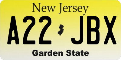 NJ license plate A22JBX
