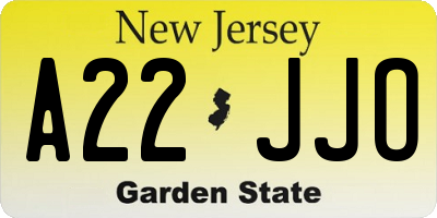 NJ license plate A22JJO