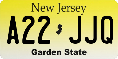 NJ license plate A22JJQ