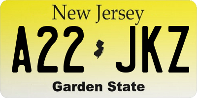 NJ license plate A22JKZ