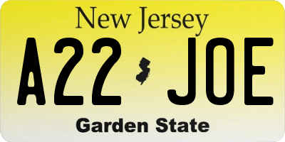 NJ license plate A22JOE