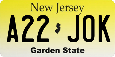 NJ license plate A22JOK