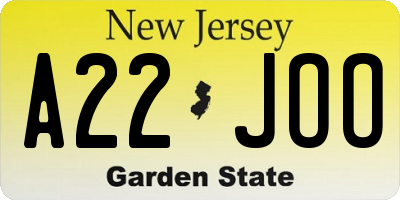NJ license plate A22JOO