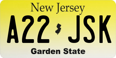 NJ license plate A22JSK
