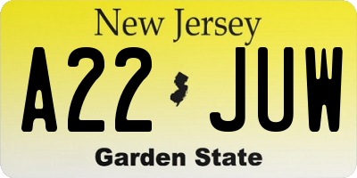 NJ license plate A22JUW