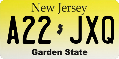 NJ license plate A22JXQ
