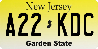 NJ license plate A22KDC
