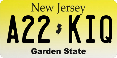 NJ license plate A22KIQ