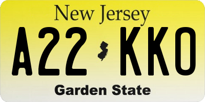 NJ license plate A22KKO
