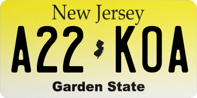 NJ license plate A22KOA