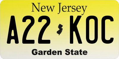 NJ license plate A22KOC