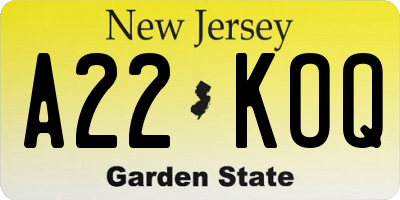 NJ license plate A22KOQ
