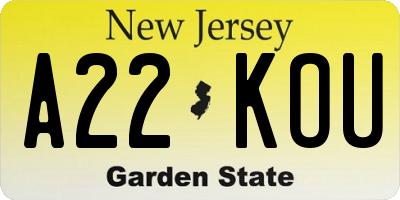 NJ license plate A22KOU