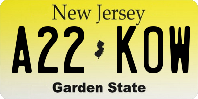 NJ license plate A22KOW