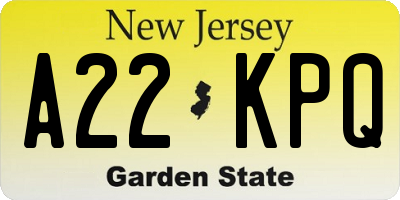 NJ license plate A22KPQ