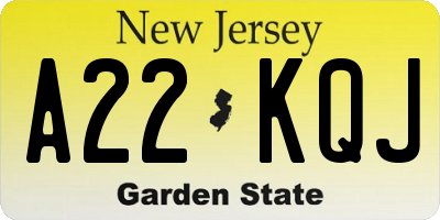 NJ license plate A22KQJ