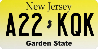NJ license plate A22KQK