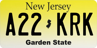 NJ license plate A22KRK