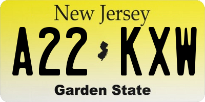 NJ license plate A22KXW