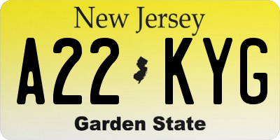 NJ license plate A22KYG