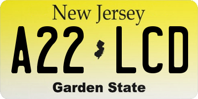 NJ license plate A22LCD