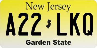 NJ license plate A22LKQ