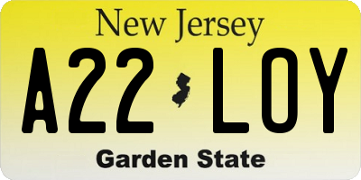 NJ license plate A22LOY