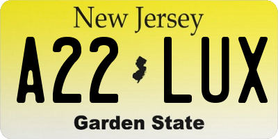NJ license plate A22LUX