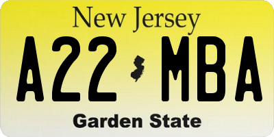 NJ license plate A22MBA