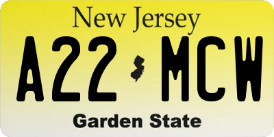 NJ license plate A22MCW