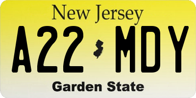 NJ license plate A22MDY