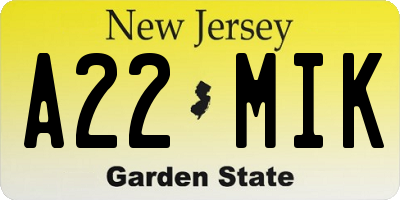NJ license plate A22MIK