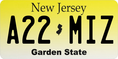 NJ license plate A22MIZ