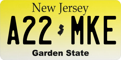 NJ license plate A22MKE