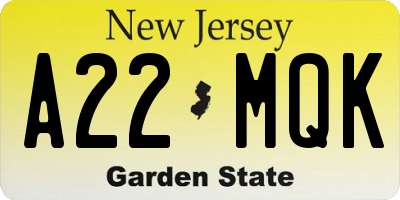 NJ license plate A22MQK