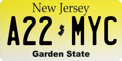 NJ license plate A22MYC