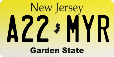 NJ license plate A22MYR