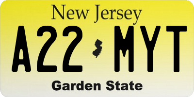 NJ license plate A22MYT