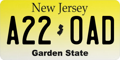 NJ license plate A22OAD